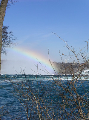[While looking through the leafless trees at the water's edge, a half arc rainbow starting from the middle of the waterline (the point where it goes over the edge) continuies to the left until a tree trunk stops visibility. The red is on top and the purple on the underside of the arc with yellow and a bit of green between them. The water is a deep blue and there are ice chunks near the water dropoff point.]